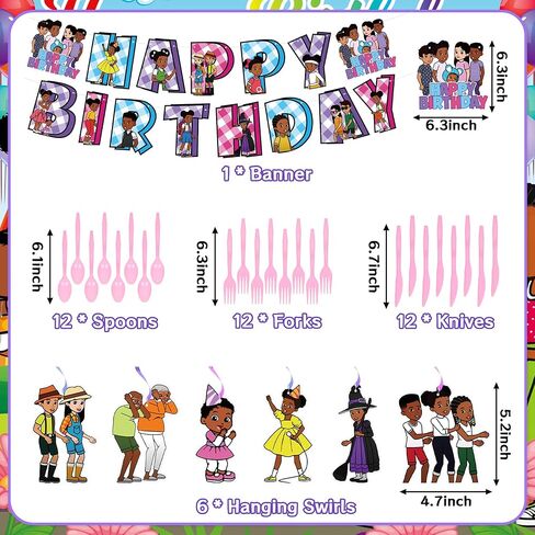 Kids Cartoon Birthday Party Supplies Decorations - Kids Party Decor Set include Backdrop, Banner, Hanging Swirls, Latex Balloons, Tablecloth, Plates, Napkins, Cake Topper, Knives, Forks, Spoons in Saudi Arabia