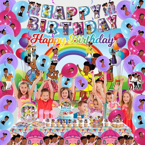 Kids Cartoon Birthday Party Supplies Decorations - Kids Party Decor Set include Backdrop, Banner, Hanging Swirls, Latex Balloons, Tablecloth, Plates, Napkins, Cake Topper, Knives, Forks, Spoons in Saudi Arabia