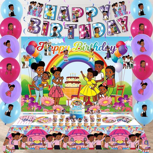 Kids Cartoon Birthday Party Supplies Decorations - Kids Party Decor Set include Backdrop, Banner, Hanging Swirls, Latex Balloons, Tablecloth, Plates, Napkins, Cake Topper, Knives, Forks, Spoons in Saudi Arabia