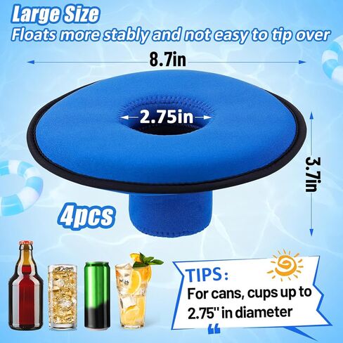 Drink Floats for Swimming Pool - Fit 2.75in Dia. Can Glasses Floating Drink Holder with Lanyard, Large Size Neoprene Cup Floaties for Adults Pool Party Lake Boat Water Fun - 4Pcs in Kuwait