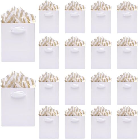 16 Pack Small Gift Bags with Handles & Tissue Paper, White Mini Gift Bags Bulk, Party Favors Bags for Birthday, Wedding, Bridal, Baby Shower, Goodie, Mother's Day, Graduation (4.5" x4" x2.75") in Saudi Arabia