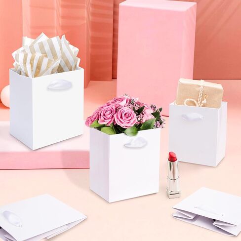 16 Pack Small Gift Bags with Handles & Tissue Paper, White Mini Gift Bags Bulk, Party Favors Bags for Birthday, Wedding, Bridal, Baby Shower, Goodie, Mother's Day, Graduation (4.5" x4" x2.75") in Saudi Arabia