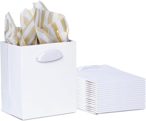 16 Pack Small Gift Bags with Handles & Tissue Paper, White Mini Gift Bags Bulk, Party Favors Bags for Birthday, Wedding, Bridal, Baby Shower, Goodie, Mother's Day, Graduation (4.5" x4" x2.75") in Saudi Arabia
