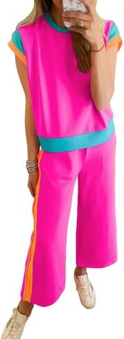 SHEWIN Women's 2 Piece Lounge Sets Casual Short Sleeve Pullover Tops Matching Wide Leg Pants Tracksuit Set in Kuwait