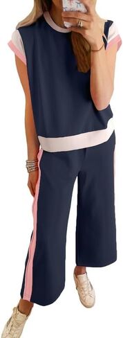 SHEWIN Women's 2 Piece Lounge Sets Casual Short Sleeve Pullover Tops Matching Wide Leg Pants Tracksuit Set in Kuwait