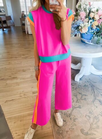 SHEWIN Women's 2 Piece Lounge Sets Casual Short Sleeve Pullover Tops Matching Wide Leg Pants Tracksuit Set in Kuwait