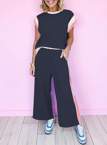 SHEWIN Women's 2 Piece Lounge Sets Casual Short Sleeve Pullover Tops Matching Wide Leg Pants Tracksuit Set in Kuwait