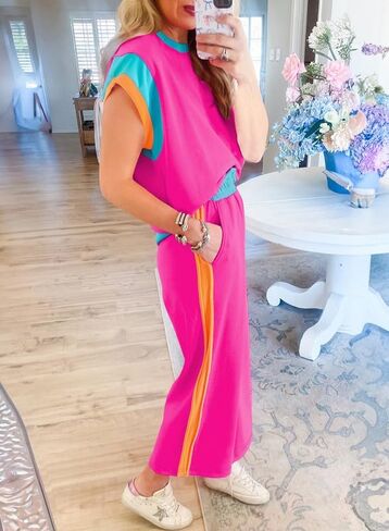 SHEWIN Women's 2 Piece Lounge Sets Casual Short Sleeve Pullover Tops Matching Wide Leg Pants Tracksuit Set in Kuwait