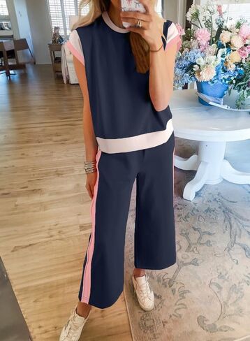 SHEWIN Women's 2 Piece Lounge Sets Casual Short Sleeve Pullover Tops Matching Wide Leg Pants Tracksuit Set in Kuwait
