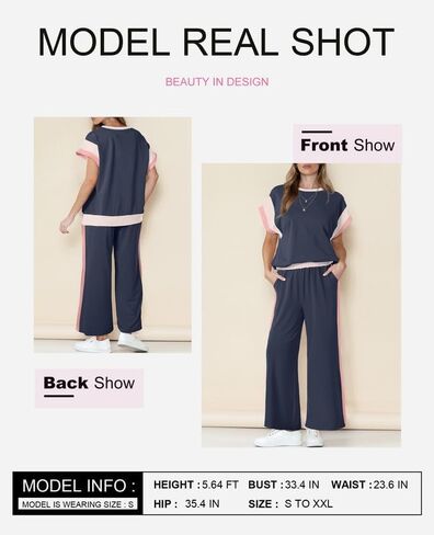 SHEWIN Women's 2 Piece Lounge Sets Casual Short Sleeve Pullover Tops Matching Wide Leg Pants Tracksuit Set in Kuwait