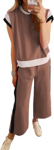 SHEWIN Women's 2 Piece Lounge Sets Casual Short Sleeve Pullover Tops Matching Wide Leg Pants Tracksuit Set in Kuwait