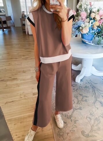 SHEWIN Women's 2 Piece Lounge Sets Casual Short Sleeve Pullover Tops Matching Wide Leg Pants Tracksuit Set in Kuwait
