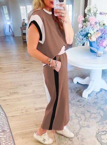 SHEWIN Women's 2 Piece Lounge Sets Casual Short Sleeve Pullover Tops Matching Wide Leg Pants Tracksuit Set in Kuwait