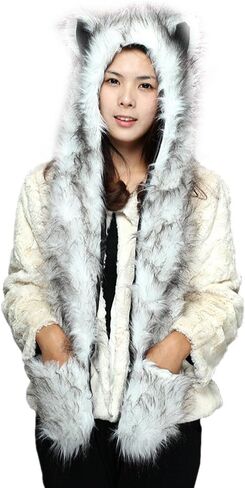 Unisex 3 in 1 Winter Thermal Plush Earflap Hooded Hat Scarf Pocket Gloves Set Faux Fur Windproof Animal Themed Costume Hat in Kuwait