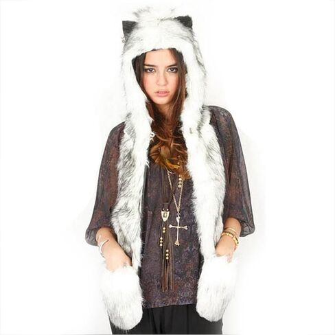 Unisex 3 in 1 Winter Thermal Plush Earflap Hooded Hat Scarf Pocket Gloves Set Faux Fur Windproof Animal Themed Costume Hat in Kuwait