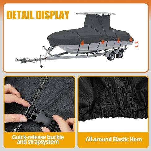 غطاء قارب T Top، 22'-24' مقاوم للماء 600D بوليستر مقاوم للتمزق شديد التحمل لقارب وحدة التحكم المركزية مع سقف T علوي بعرض شعاع طويل يصل إلى 116 بوصة، أسود in Kuwait