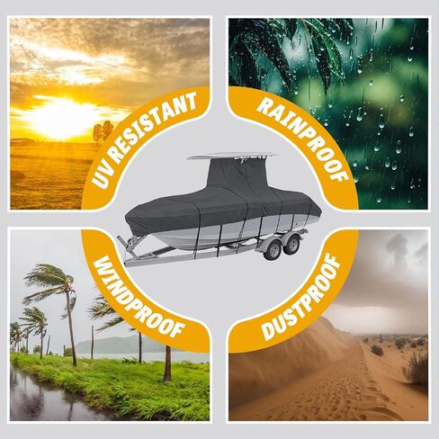 غطاء قارب T Top، 22'-24' مقاوم للماء 600D بوليستر مقاوم للتمزق شديد التحمل لقارب وحدة التحكم المركزية مع سقف T علوي بعرض شعاع طويل يصل إلى 116 بوصة، أسود in Kuwait