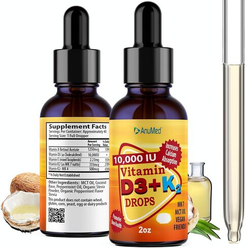 ANUMED Vitamin D3 + K2 10,000 IU Liquid Drops + Organic MCT Oil, Vitamin A (Retinol) 1250mcg, K2 (MK4,MK7) Promotes Heart, Bones, Immune System. 100% Vegan, Non-GMO, Gluten-Free, No Sugar Added (2oz) in Saudi Arabia