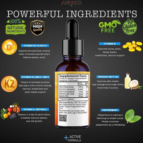 ANUMED Vitamin D3 + K2 10,000 IU Liquid Drops + Organic MCT Oil, Vitamin A (Retinol) 1250mcg, K2 (MK4,MK7) Promotes Heart, Bones, Immune System. 100% Vegan, Non-GMO, Gluten-Free, No Sugar Added (2oz) in Saudi Arabia
