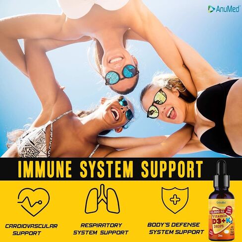 ANUMED Vitamin D3 + K2 10,000 IU Liquid Drops + Organic MCT Oil, Vitamin A (Retinol) 1250mcg, K2 (MK4,MK7) Promotes Heart, Bones, Immune System. 100% Vegan, Non-GMO, Gluten-Free, No Sugar Added (2oz) in Saudi Arabia
