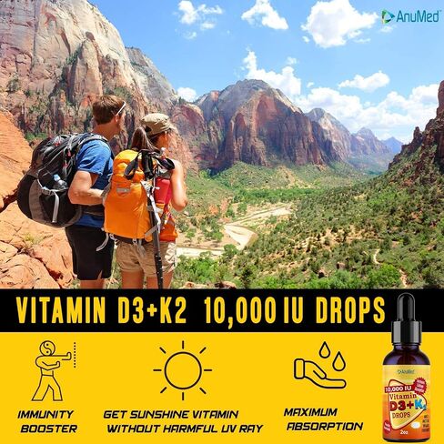 ANUMED Vitamin D3 + K2 10,000 IU Liquid Drops + Organic MCT Oil, Vitamin A (Retinol) 1250mcg, K2 (MK4,MK7) Promotes Heart, Bones, Immune System. 100% Vegan, Non-GMO, Gluten-Free, No Sugar Added (2oz) in Saudi Arabia