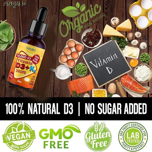 ANUMED Vitamin D3 + K2 10,000 IU Liquid Drops + Organic MCT Oil, Vitamin A (Retinol) 1250mcg, K2 (MK4,MK7) Promotes Heart, Bones, Immune System. 100% Vegan, Non-GMO, Gluten-Free, No Sugar Added (2oz) in Saudi Arabia