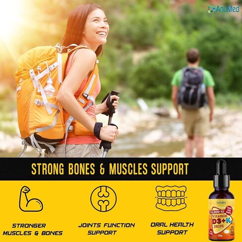 ANUMED Vitamin D3 + K2 10,000 IU Liquid Drops + Organic MCT Oil, Vitamin A (Retinol) 1250mcg, K2 (MK4,MK7) Promotes Heart, Bones, Immune System. 100% Vegan, Non-GMO, Gluten-Free, No Sugar Added (2oz) in Saudi Arabia