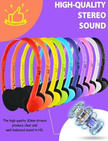 سماعات رأس للأطفال للفصول المدرسية 10 عبوات، سماعات رأس سلكية على الأذن بمقبس 3.5 مم للأطفال والطلاب (10 ألوان) in Kuwait