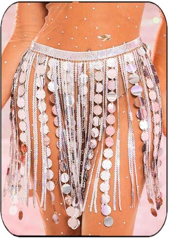Aukmla Women Sparkly Sequin Belly Dance Skirt Fringe Festival Hip Scarf Dots Tassel Skirts in Kuwait