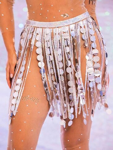 Aukmla Women Sparkly Sequin Belly Dance Skirt Fringe Festival Hip Scarf Dots Tassel Skirts in Kuwait
