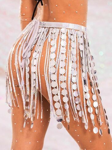 Aukmla Women Sparkly Sequin Belly Dance Skirt Fringe Festival Hip Scarf Dots Tassel Skirts in Kuwait