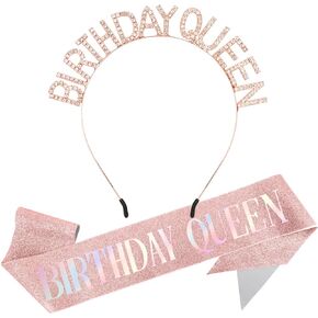 Glitter Birthday Crown and Sash Set - Queen Tiara with Rhinestone Headband, Princess Accessories for Women's Happy Birthday Decorations