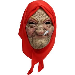 Halloween Old Lady Mask Scary Realistic Old Women Costume Horror Smoking Granny with Red Hood Grandma Latex Headgear for Adults Party Funny Cosplay