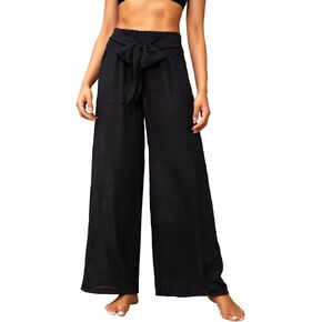 Women's Beach Cover Up Pants Mesh Wide Leg Loose Tie Front Elastic High Waist Bathing Suit Beach Pants