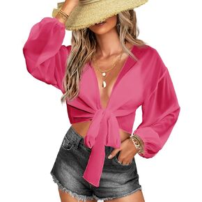 AI'MAGE Women's Swimsuit Cover Ups Tops Tunic Self-tie Bikini Bathing Suit Long Sleeve Soft Chiffon Beach Shirt S-2XL