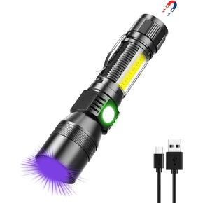 UV Flashlight Black Light, USB Rechargeable Flashlight with Magnetic Base - 1000lm High Light, Side Light, 7 Modes, Zoomable, Waterproof – LED Torch for Mechanics Pet Urine Stains Detection (1)