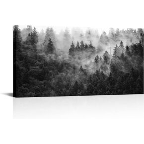 KREATIVE ARTS Black and White Misty Foggy Mountain Landscape Canvas Wall Art - Breathtaking Scene of Fir Forest in Hipster Style Picture Prints Rustic Decor for Home Office 20x40 Inches (20x40)