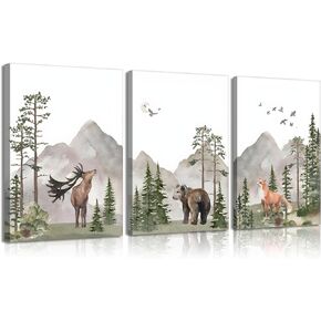 YBARTZQ Woodland Nursery Wall Art Wild Animals Forest Wall Decor Prints Adventure Theme Canvas Posters Deer Bear Fox Watercolor Pictures Paintings for Boys Room Girls Room 3Pcs 12x16in Framed
