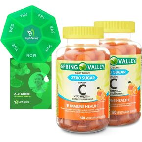 Spring Valley Zero Sugar Vitamin C Gummies Dietary Supplement, 250 mg, 120 Ct (2 Pack) Bundle with Exclusive Vitamins & Minerals - A to Z -Better Ligth&Spring Guide + Weekly Pill Organizer (4 Items)