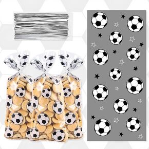 100PCS Football Bags Soccer Ball Goodie Cellophane Treat Bags Sports Ball Game Candy Bags Soccer Black Stars Plastic OPP Bags with Twist Ties for Sports Party Favor Gifts Party Decoration Supplies