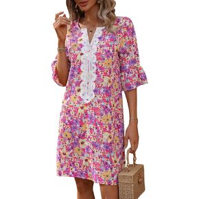 WDIRARA Women's Floral Print Contrast Lace Half Flounce Sleeve Straight Dress