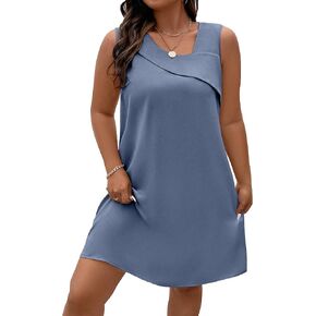 Floerns Women's Plus Size Solid Asymmetrical Neck Sleeveless Straight Hem Tank Tunic Dress