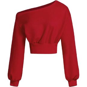 Women's Asymmetrical Neck Crop Sweatshirt Long Sleeve One Shoulder Pullovers