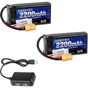 URGENEX 2S Lipo Battery 2200mAh 7.4V RC Battery with XT60 Plug 50C(Burst 80C) High Discharge Rate Battery with Charger Fit for RC Car Truggy Airplane FPV Drone UAV Quadcopter Helicopter Racing Model