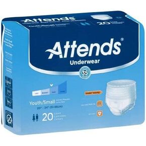 Attends Super Plus Absorbency Underwear-Size Youth/Small Waist/Hip 20" - 34" Weight 80-120 lb - Pack of 20