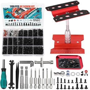 RC Car Repair Work Stand, 1100pcs RC Screw Kit and RC Screwdrivers Repair Set for Traxxas Axial Redcat Arrma HPI HSP SCX10 RC4WD 1/8 1/10 1/12 1/16 Scale RC Crawler Truck Buggy Car