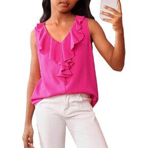 WDIRARA Girl's Ruffle Trim Sleeveless T Shirts V-Neck Loose Blouse Solid Color Casual Tee Tops