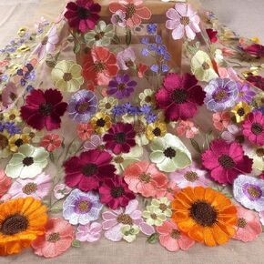 Quality Flowers on White Soft Tulle Embroidery lace Fabric 36 * 47 inches can be Cut Easy to use for Colot Home decorat
