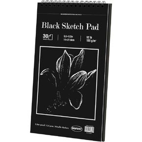 Black Sketch Pad, 5.5 x 8.5 inches, 30 Sheets (92lb/150gsm) Heavyweight Drawing Paper with Hard Cover & Spiral Bound, Perfect for Colored Pencil, Oil Pastel, Graphite, Gel Pen, Ink, Charcoal, Chalk