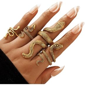4-5 Pcs Snake Ring for Women Vintage Punk Crystal Snake Knuckle Rings Statement Biker Stackable Ring Reptile Serpent Band Ring Jewelry for Women and Girls
